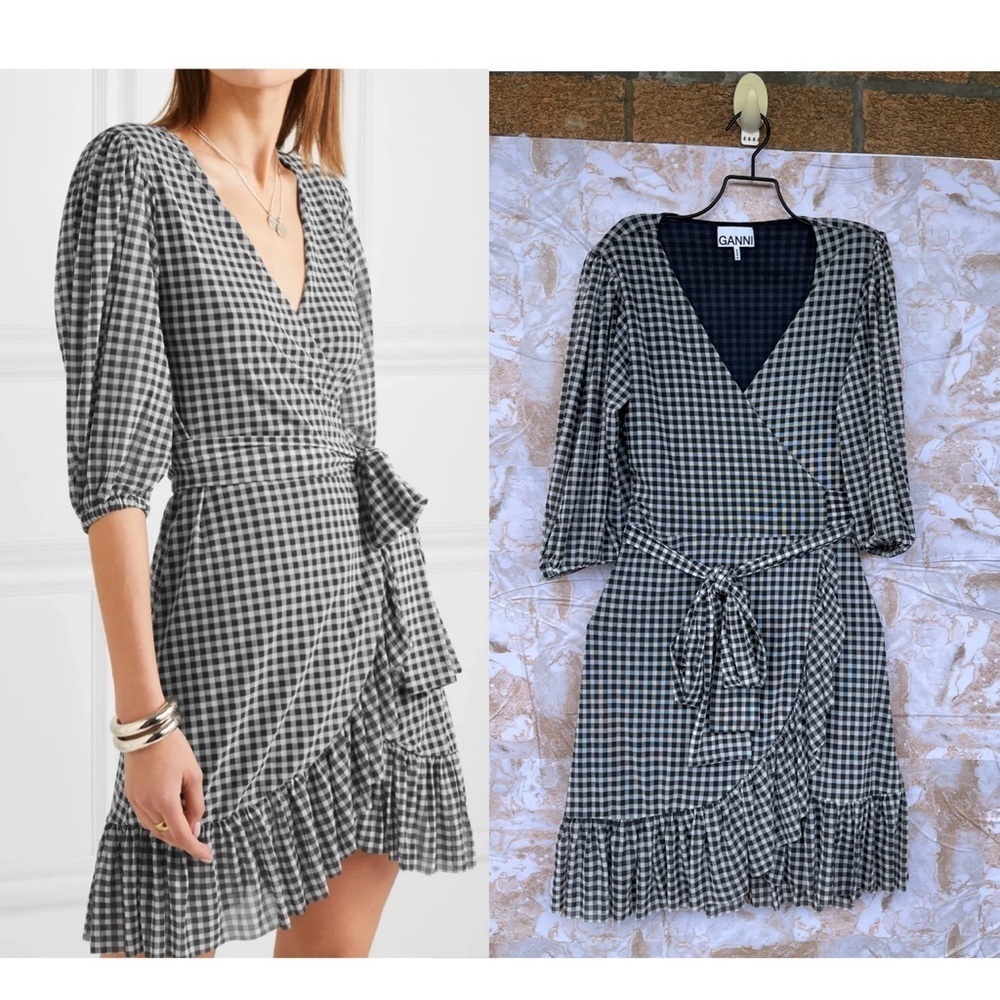 GANNI Gingham Mesh Wrap Mini Dress size 34/4